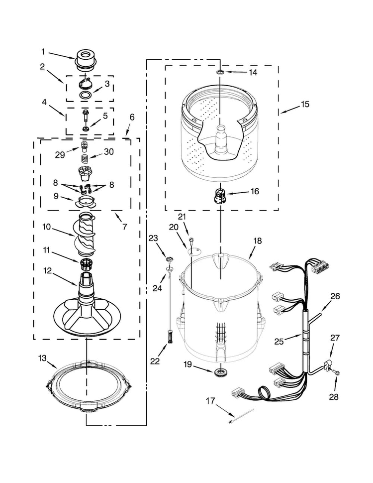Basket And Tub Parts Diagram and Parts List for 7MWTW1602BM1  Whirlpool Washer