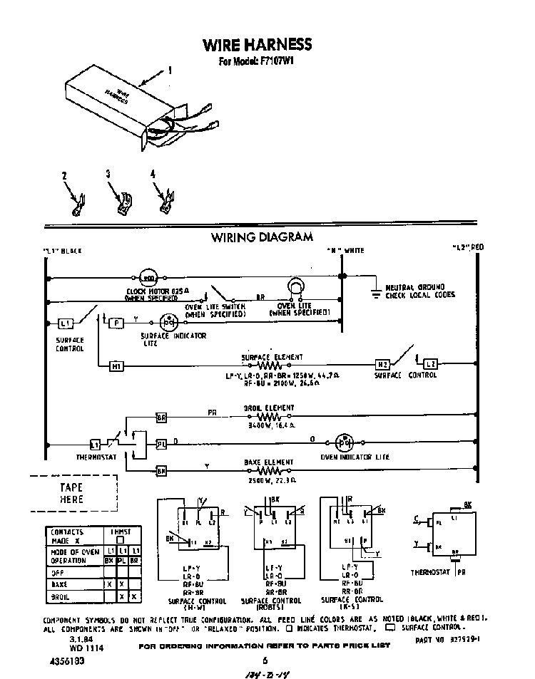 Wire Harness Diagram and Parts List for F7107*1  Roper Range