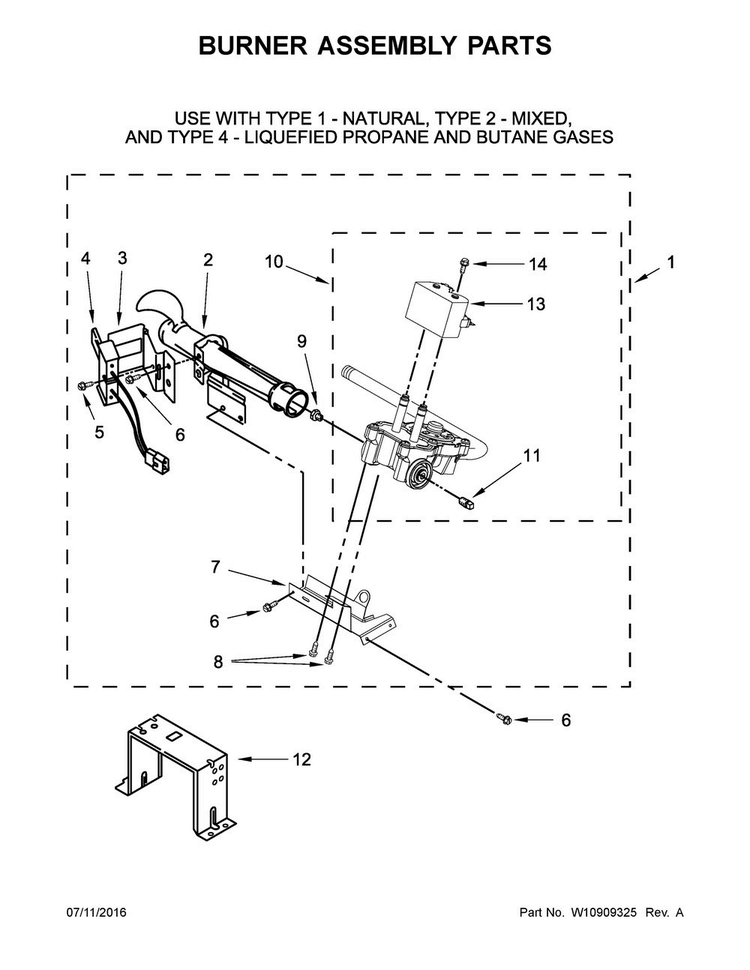 Burner Assembly Parts Diagram and Parts List for 7MWGD9919EM1  Whirlpool Dryer