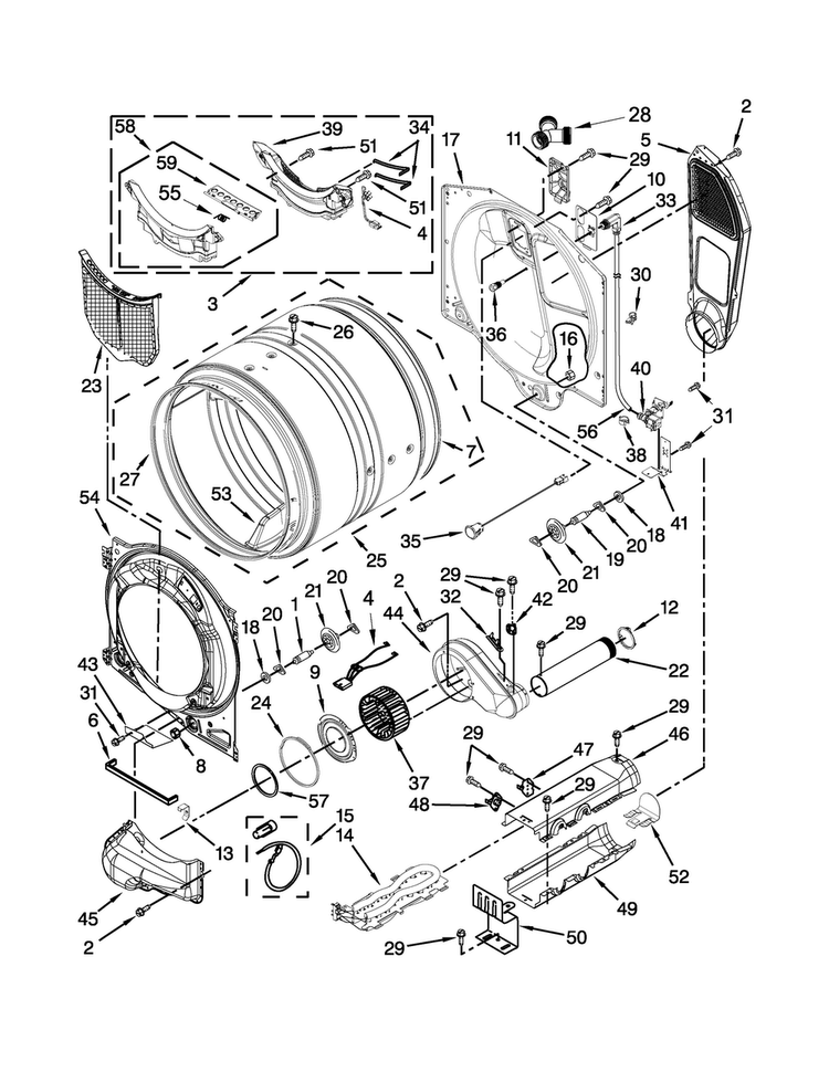 Bulkhead Parts Diagram and Parts List for WED97HEDW0  Whirlpool Dryer