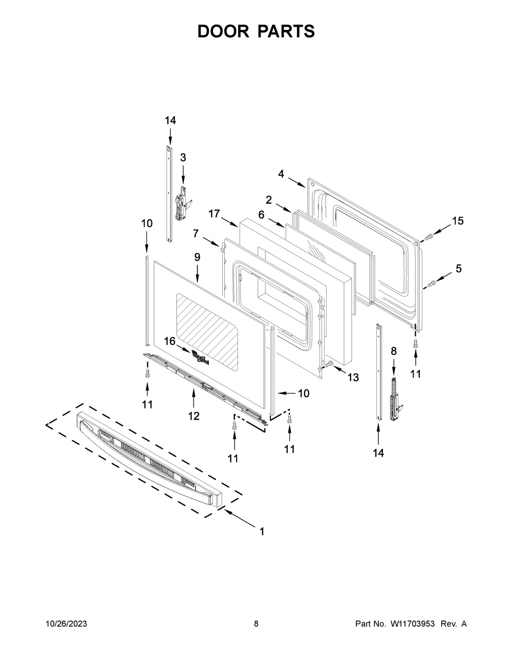 Door Parts Diagram and Parts List for YWFE550S0LB3  Whirlpool Range