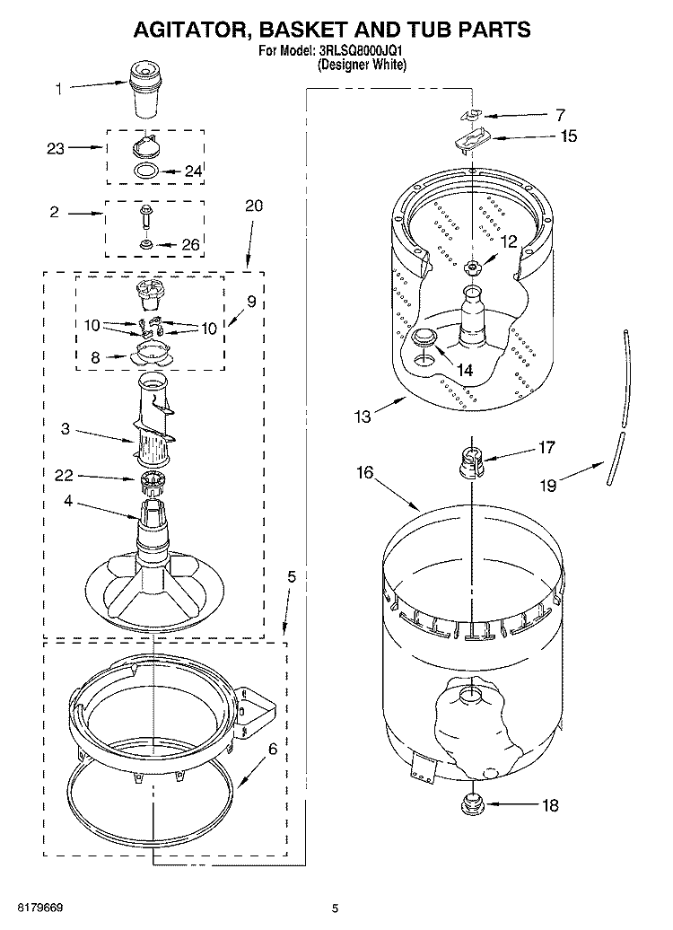 AGITATOR, BASKET AND TUB Diagram and Parts List for 3RLSQ8000JQ1  Whirlpool Washer