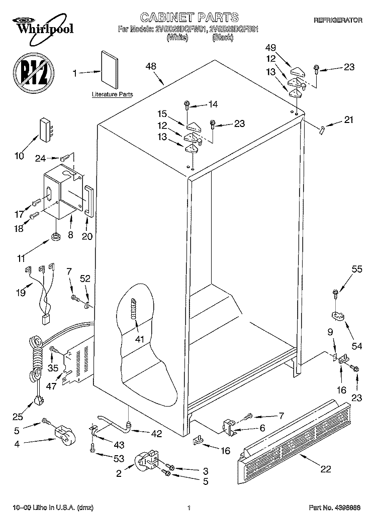 CABINET, LITERATURE Diagram and Parts List for 2VGD29DQFW01  Whirlpool Refrigerator