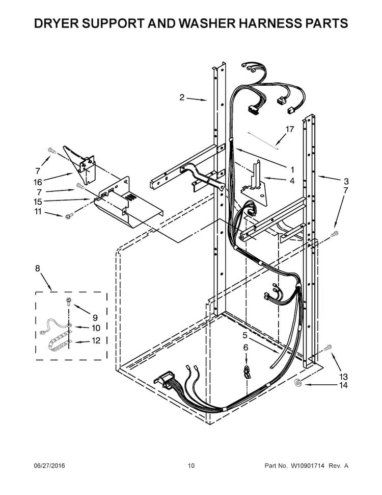 Dryer Support And Washer Harness Parts Diagram and Parts List for 7MWET3300EQ1  Whirlpool Washer Dryer Combo