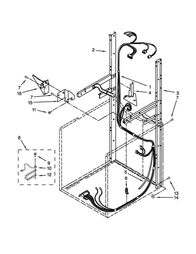 Dryer Support And Washer Harness Parts Diagram and Parts List for 7MWGT3300EQ0  Whirlpool Washer Dryer Combo