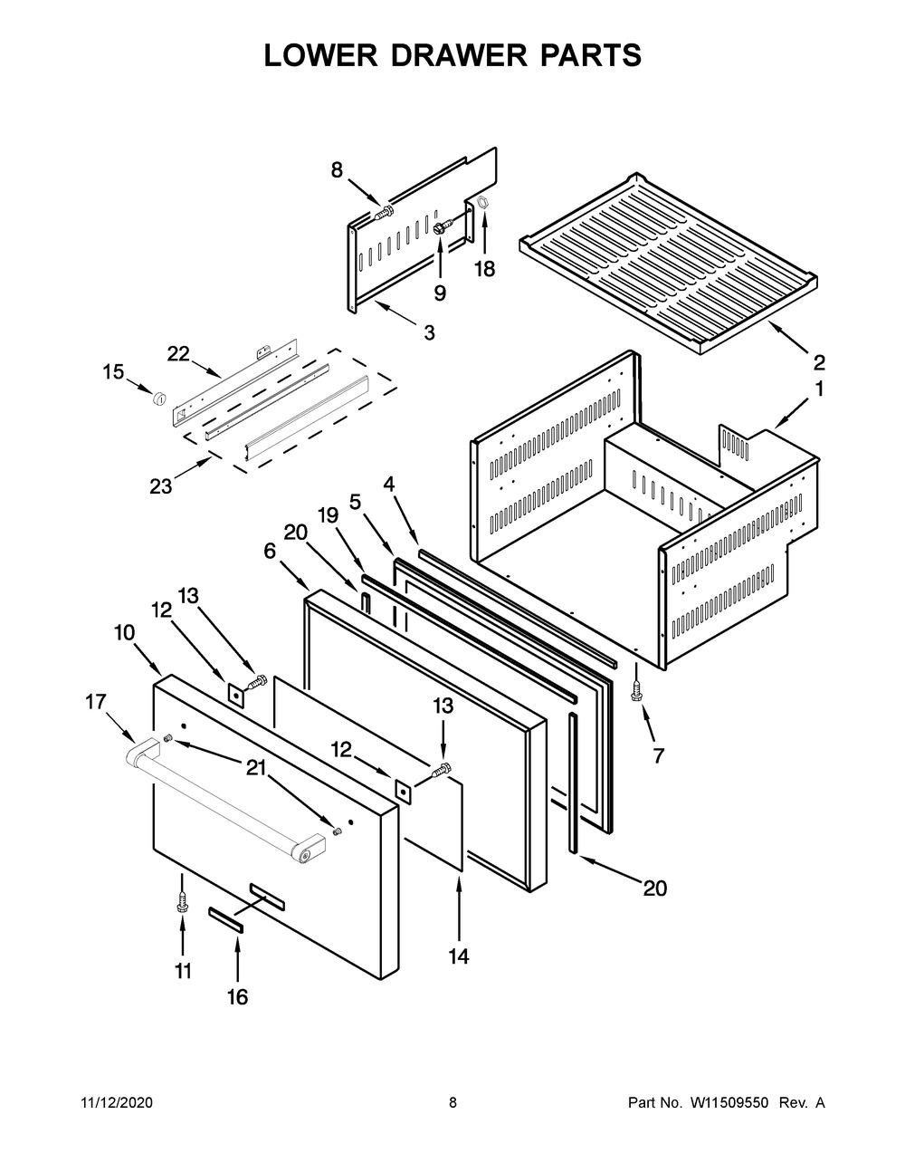 Lower Drawer Parts Diagram and Parts List for KUDF204ESB01  Whirlpool Wine and Beverage Cooler