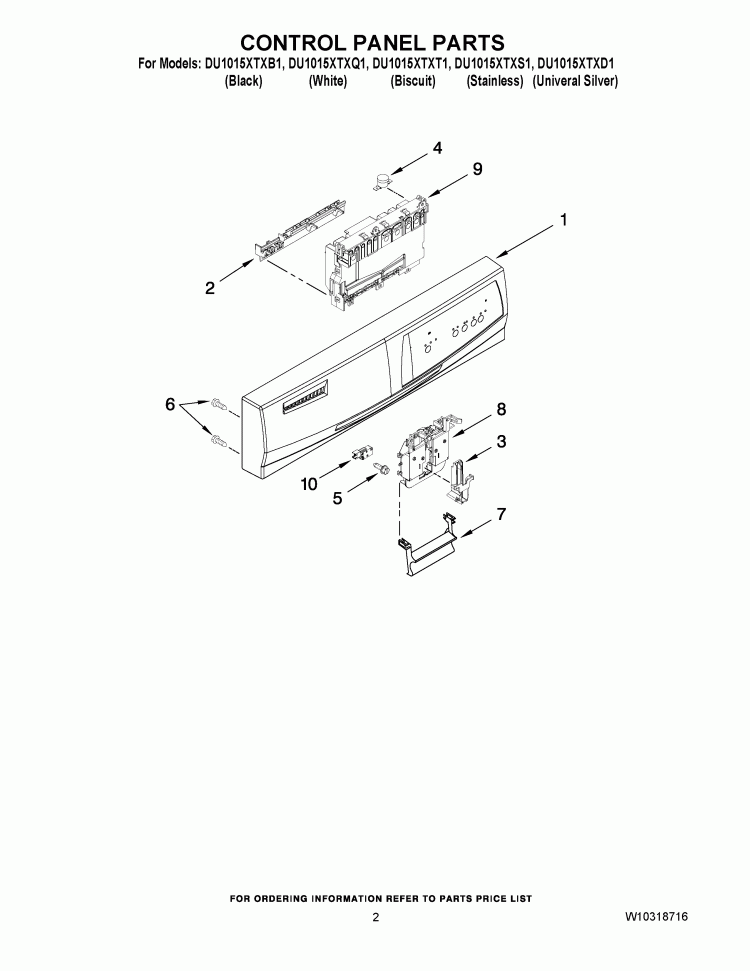 CONTROL PANEL PARTS Diagram and Parts List for DU1015XTXQ1  Whirlpool Dishwasher