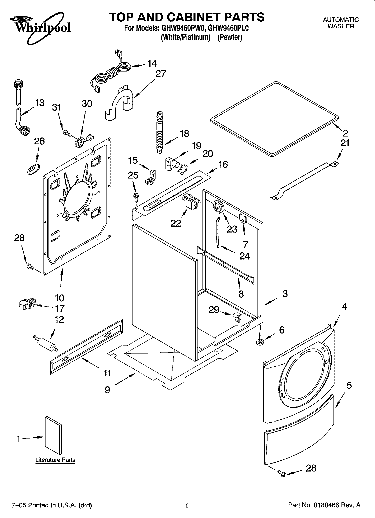 TOP AND CABINET PARTS Diagram and Parts List for GHW9460PL0  Whirlpool Washer