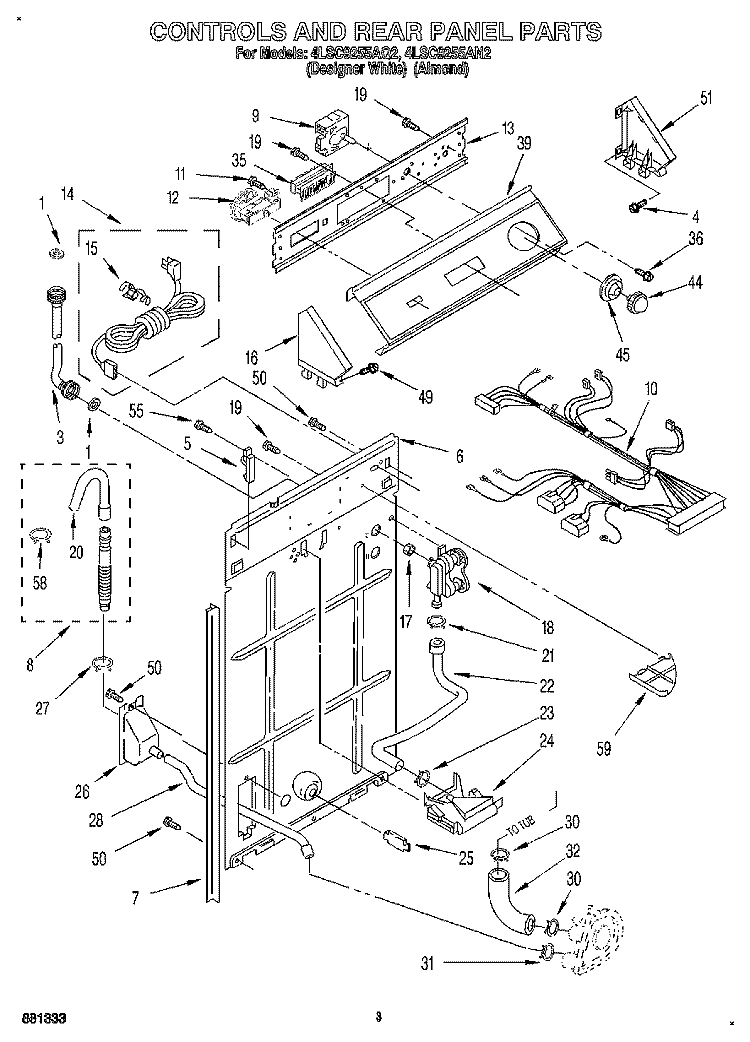 CONTROLS AND REAR PANEL Diagram and Parts List for 4LSC9255AN2  Whirlpool Washer