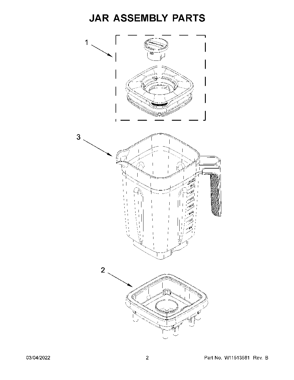 Jar Assembly Parts Diagram and Parts List for 5KSB1325EWH0  KitchenAid Blender