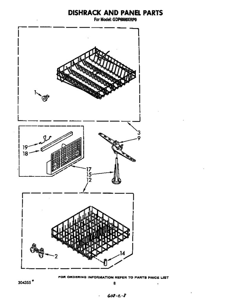 Dishrack And Panel Diagram and Parts List for GDP6000XRP0  Whirlpool Dishwasher