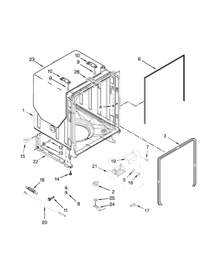 Tub And Frame Parts Diagram and Parts List for WDF760SADM2  Whirlpool Dishwasher