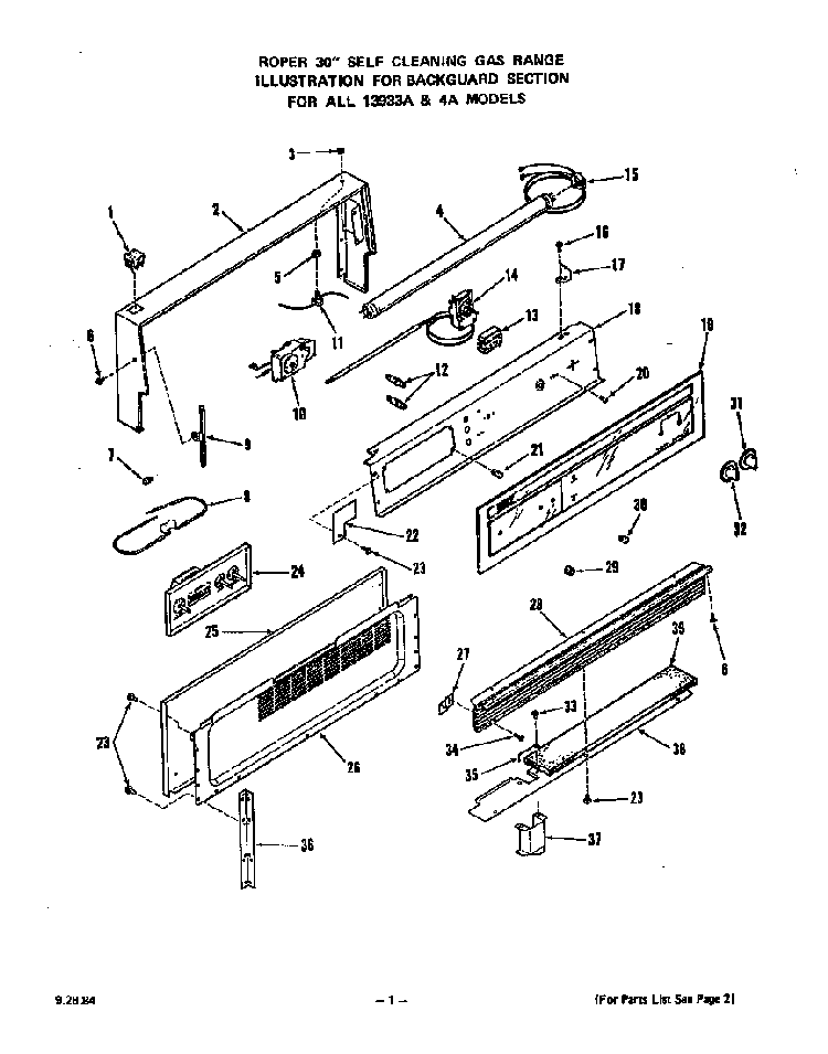 Backguard Diagram and Parts List for 1393*3A  Roper Range