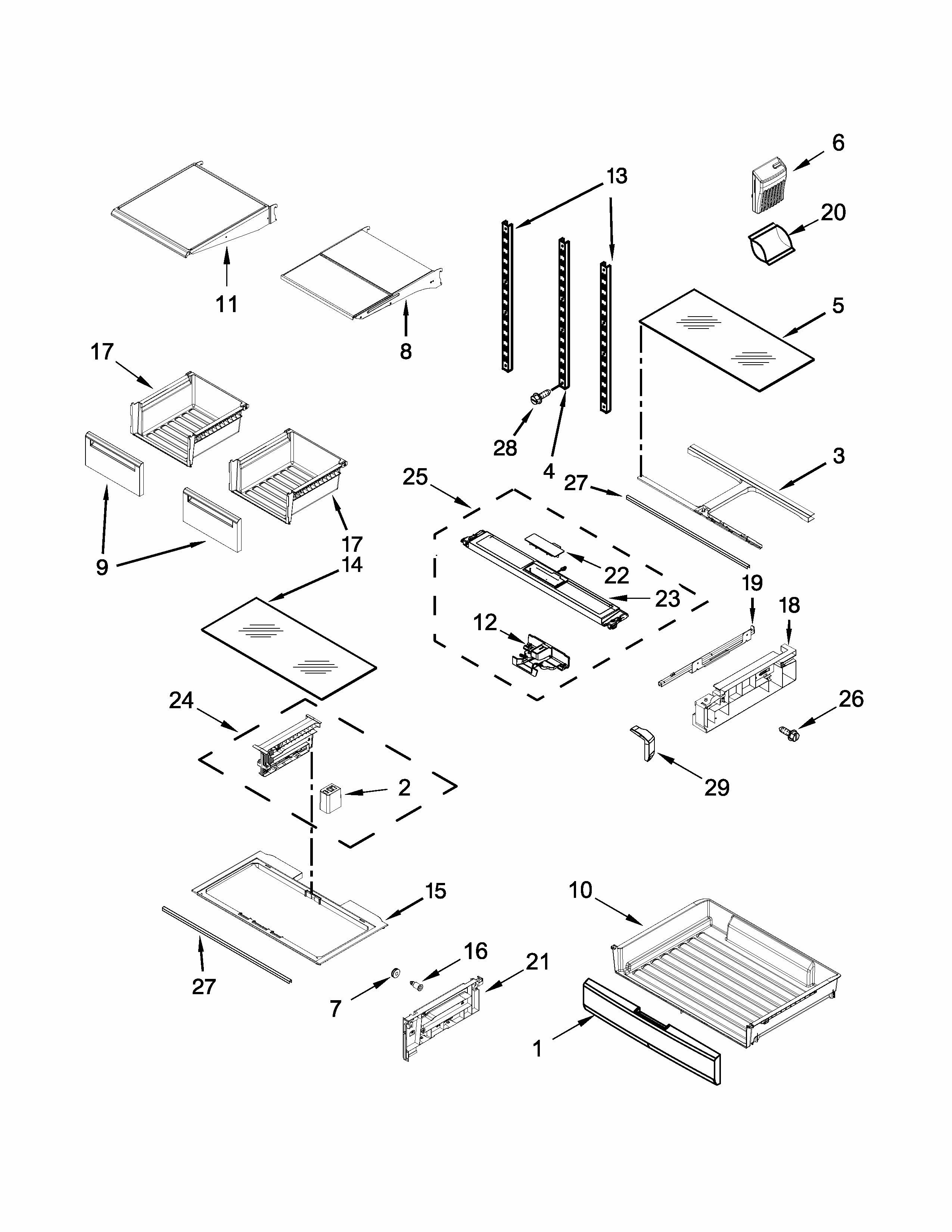 Shelf Parts Diagram and Parts List for IX7DDEXDSM01  Whirlpool Refrigerator