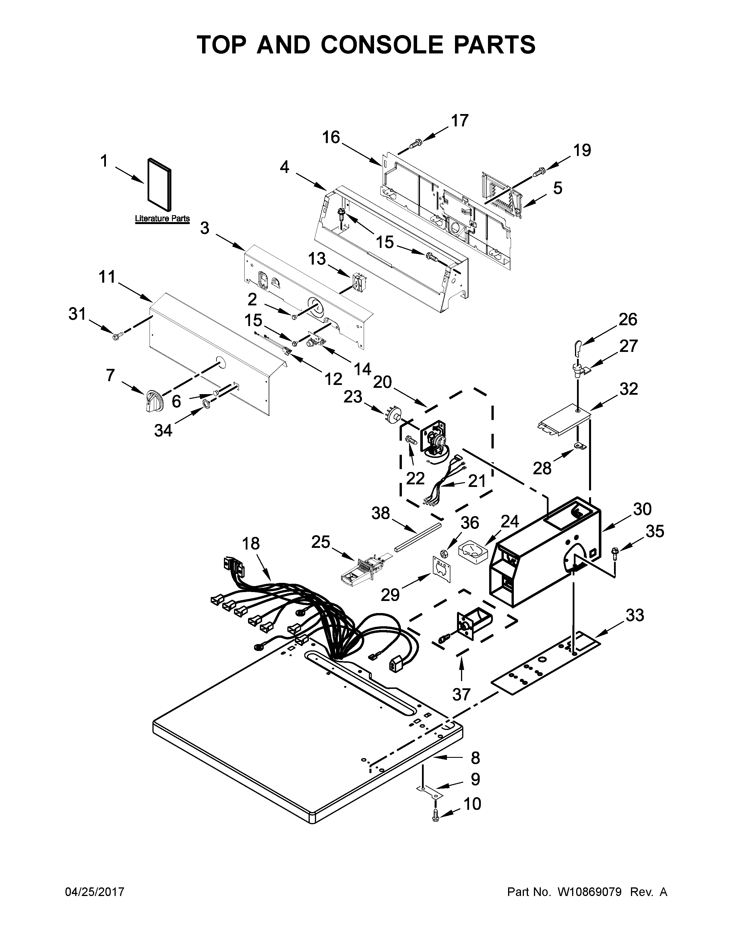 Top And Console Parts Diagram and Parts List for 11067022710  Kenmore Dryer