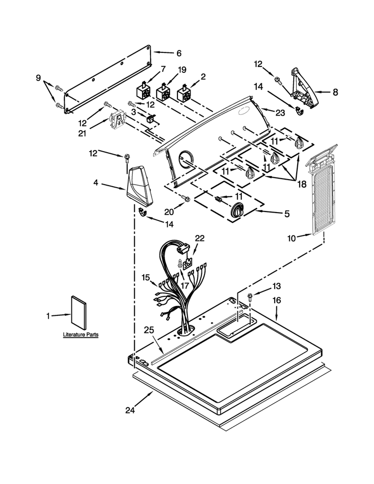 Top And Console Parts Diagram and Parts List for 7MWGD1705YM5  Whirlpool Dryer