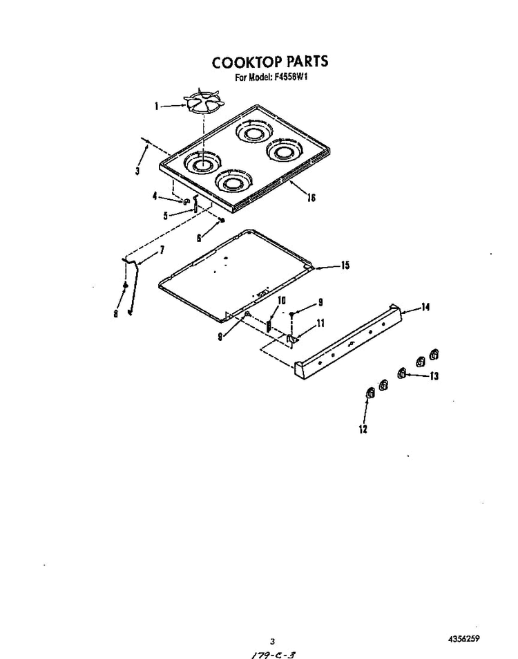 Cooktop Diagram and Parts List for F4558*1  Roper Range