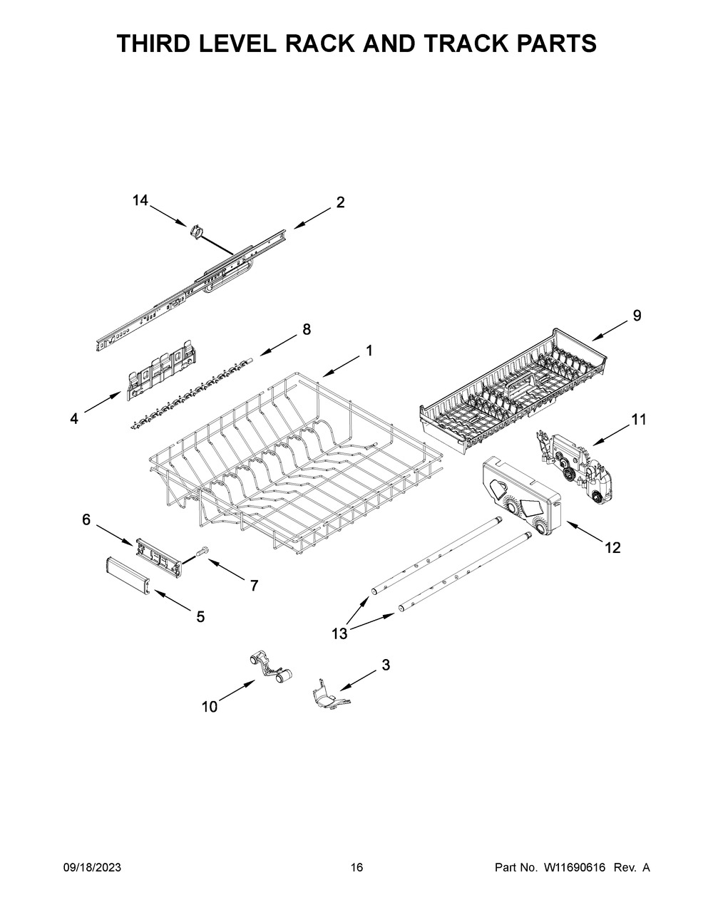 Third Level Rack And Track Parts Diagram and Parts List for KDPM704KPS2  KitchenAid Dishwasher