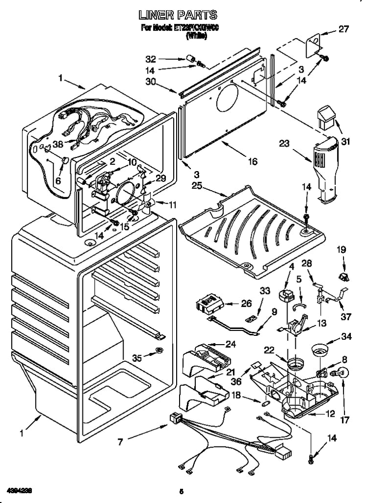 Liner Diagram and Parts List for ET23PKXGW00  Whirlpool Refrigerator