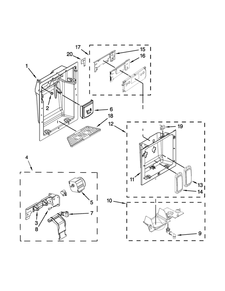 Dispenser Parts Diagram and Parts List for KBSD508ESS00  KitchenAid Refrigerator