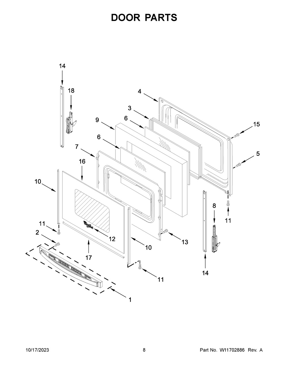 Door Parts Diagram and Parts List for WFE525S0JS4  Whirlpool Range