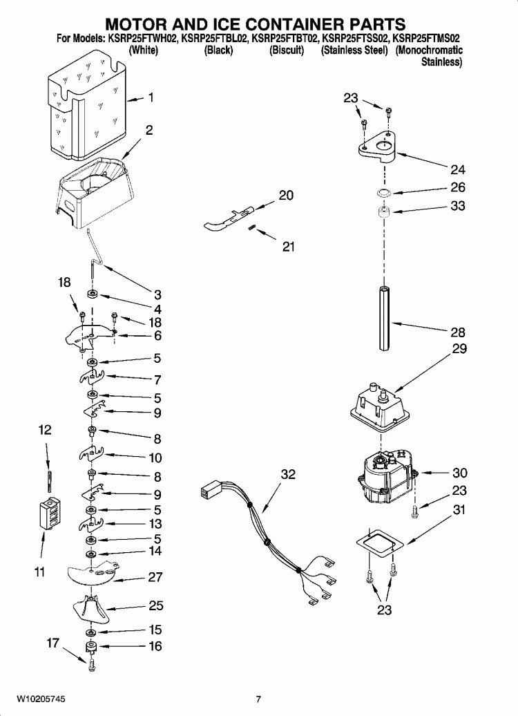 MOTOR AND ICE CONTAINER PARTS Diagram and Parts List for KSRP25FTWH02  KitchenAid Refrigerator