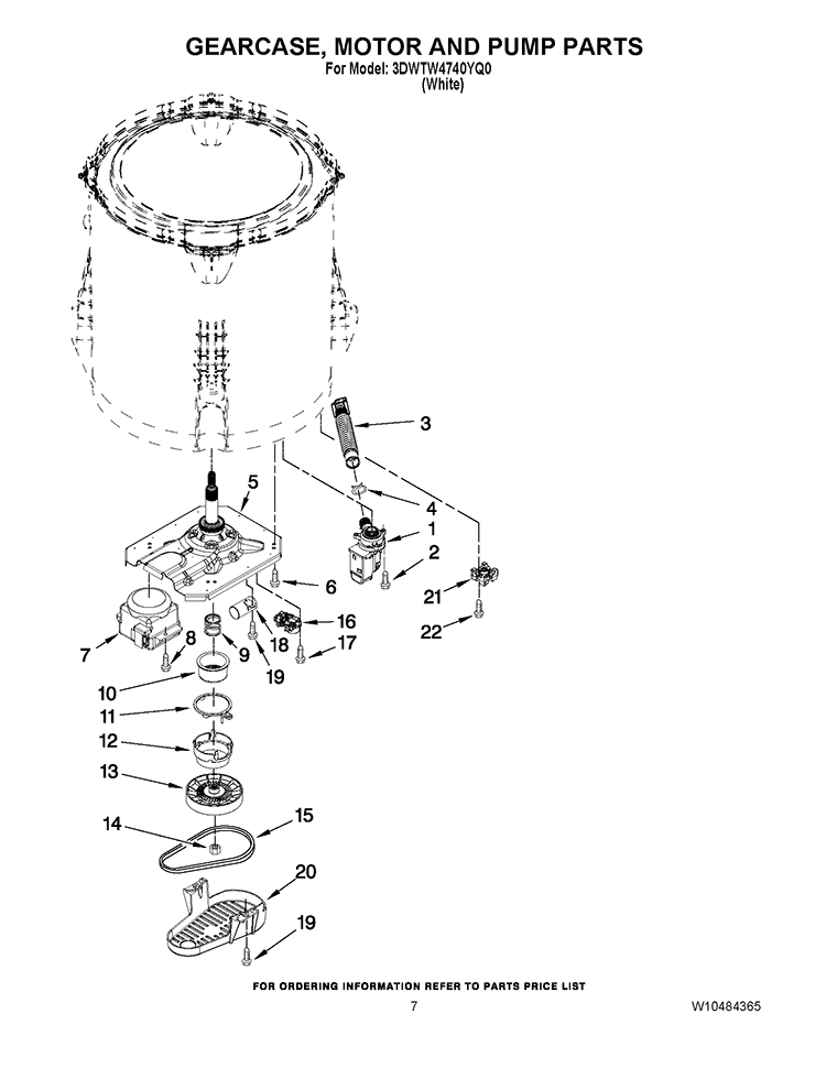 GEARCASE, MOTOR AND PUMP PARTS Diagram and Parts List for 3DWTW4740YQ0  Whirlpool Washer