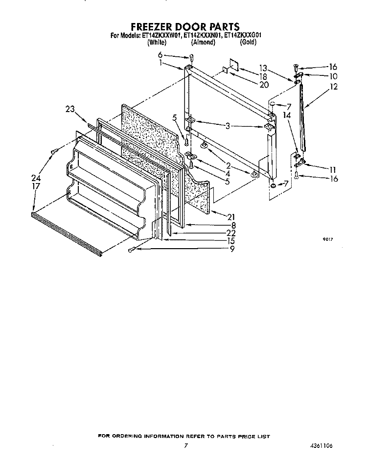 FREEZER DOOR Diagram and Parts List for ET14ZKXXG01  Whirlpool Refrigerator