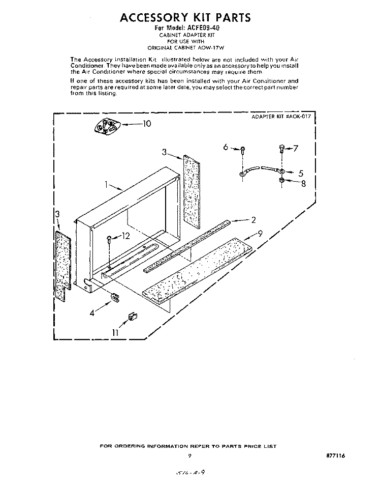 ACCESSORY KIT PARTS Diagram and Parts List for A0W23W10  Whirlpool Air Conditioner