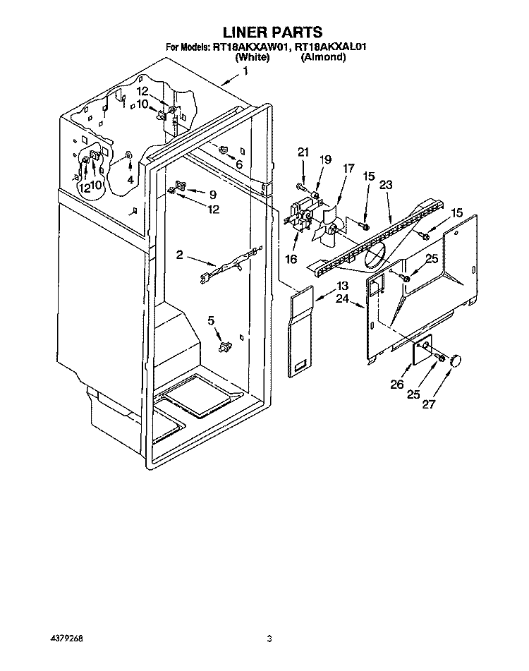 LINER Diagram and Parts List for RT18AKXAW01  Roper Refrigerator