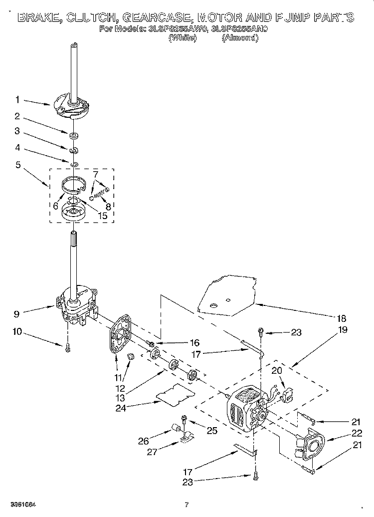 BRAKE, CLUTCH, GEARCASE, MOTOR & PUMP Diagram and Parts List for 3LSP8255AW0  Whirlpool Washer