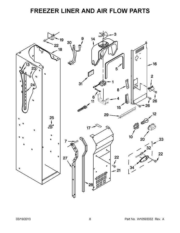 FREEZER LINER AND AIR FLOW PARTS Diagram and Parts List for KSSO48FTX17  KitchenAid Refrigerator