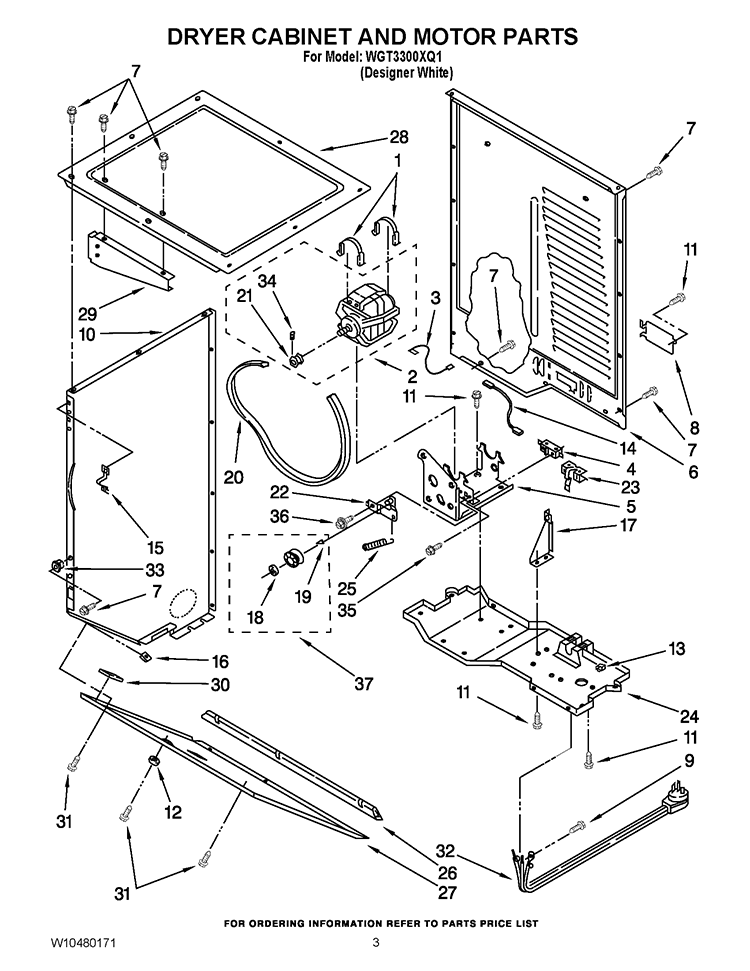DRYER CABINET AND MOTOR PARTS Diagram and Parts List for WGT3300XQ1  Whirlpool Washer Dryer Combo