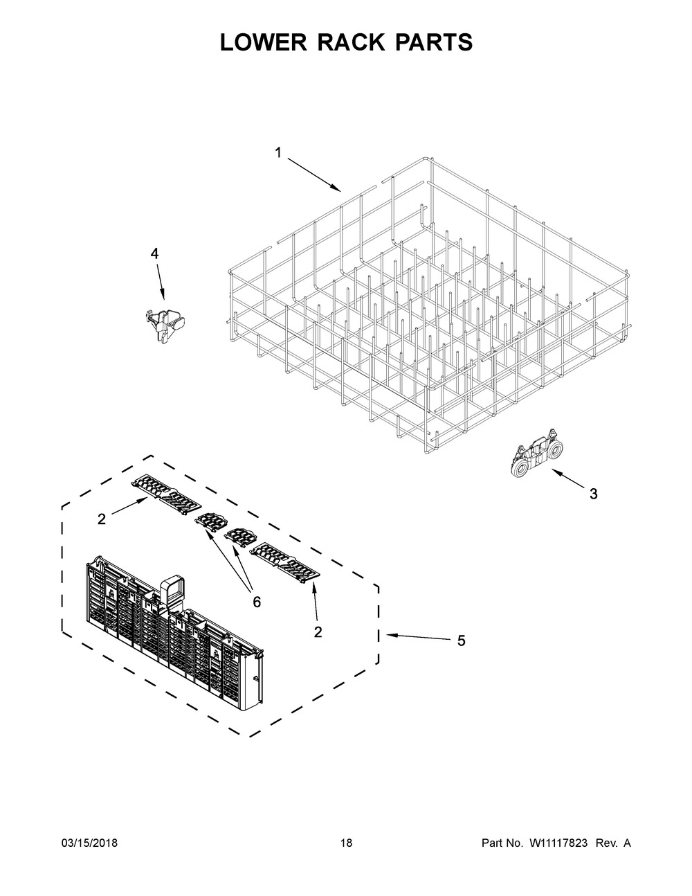 Lower Rack Parts Diagram and Parts List for WDT975SAHV0  Whirlpool Dishwasher