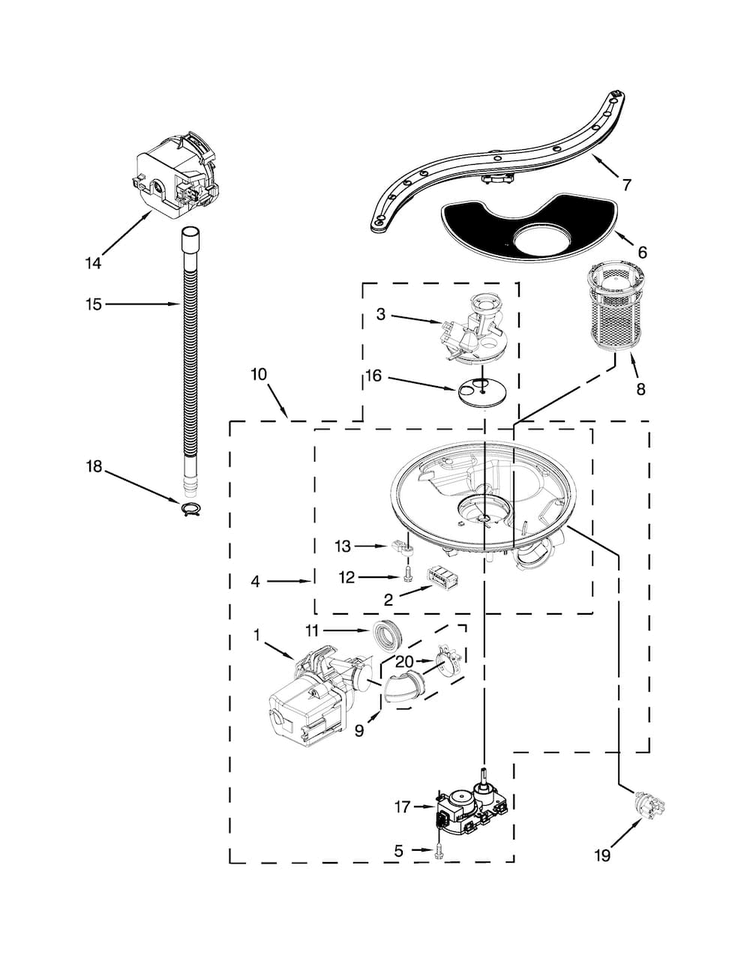 Pump, Washarm And Motor Parts Diagram and Parts List for KUDE60HXSS6  KitchenAid Dishwasher