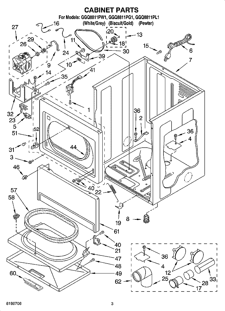 CABINET PARTS Diagram and Parts List for GGQ8811PG1  Whirlpool Dryer