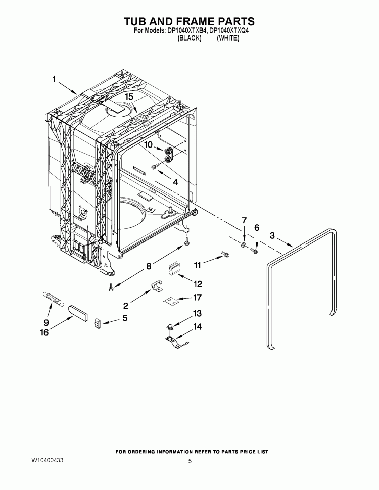 TUB AND FRAME PARTS Diagram and Parts List for DP1040XTXB4  Whirlpool Dishwasher