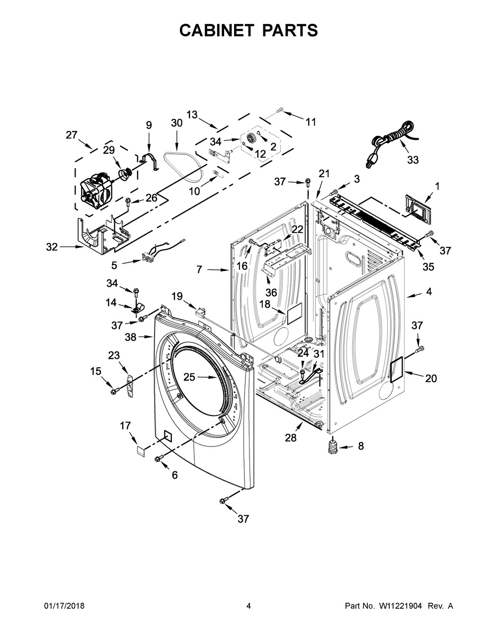 Cabinet Parts Diagram and Parts List for WGD85HEFC1  Whirlpool Dryer