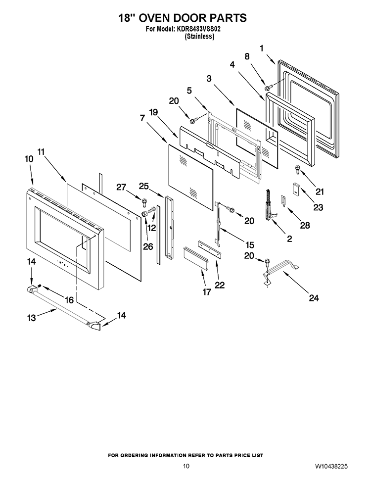 18`` OVEN DOOR PARTS Diagram and Parts List for KDRS483VSS02  KitchenAid Range