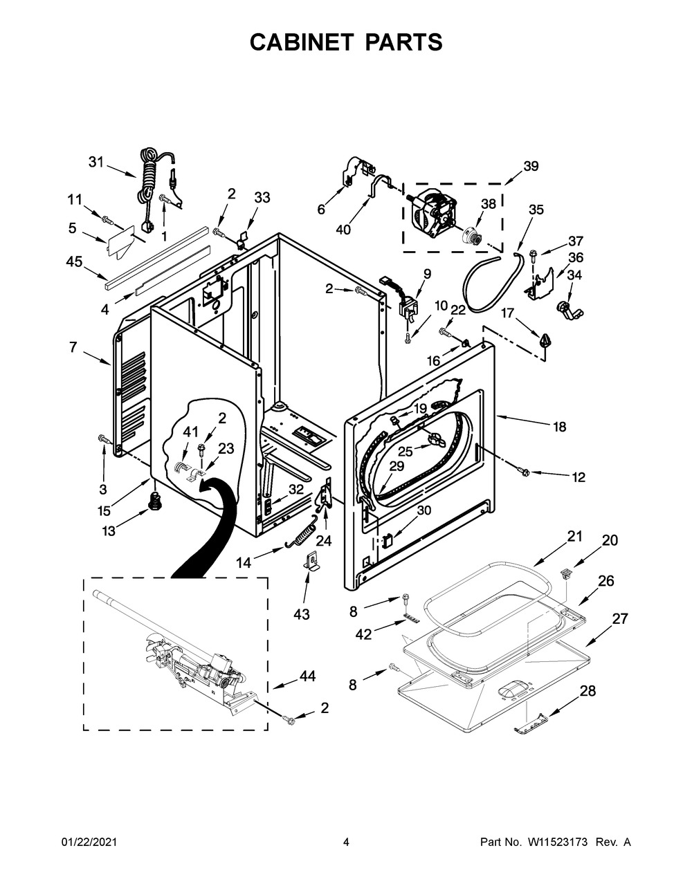 Cabinet Parts Diagram and Parts List for WGD49STBW3  Whirlpool Dryer