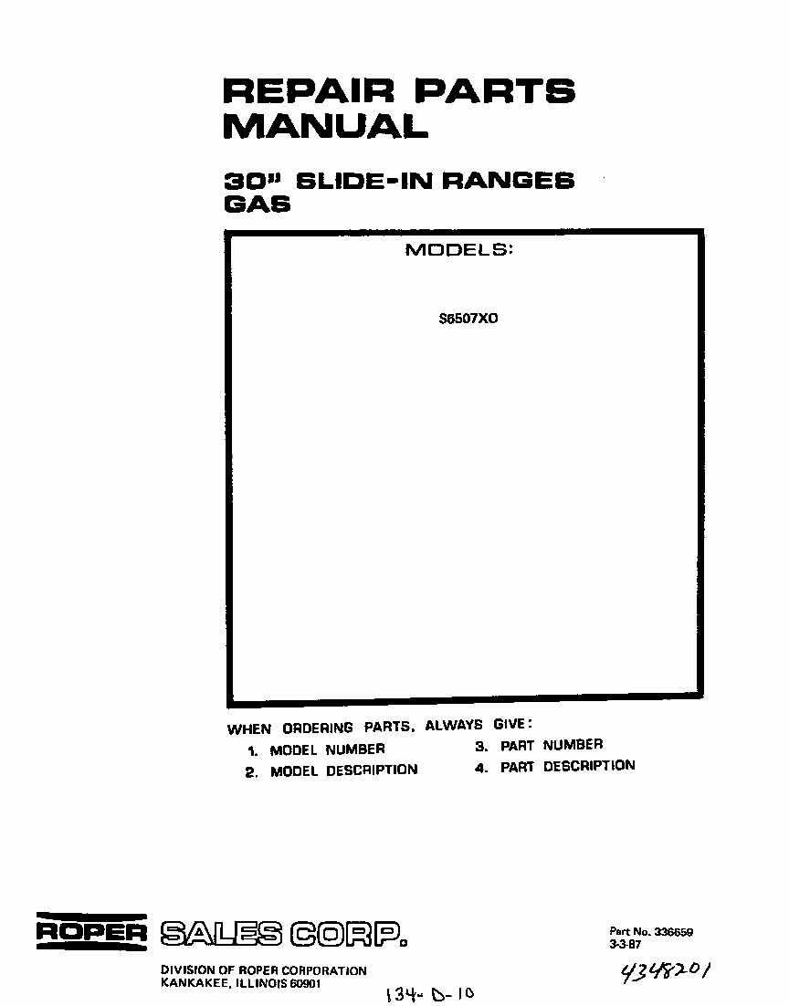 Cover Page-text Only Diagram and Parts List for S6507*0  Roper Range