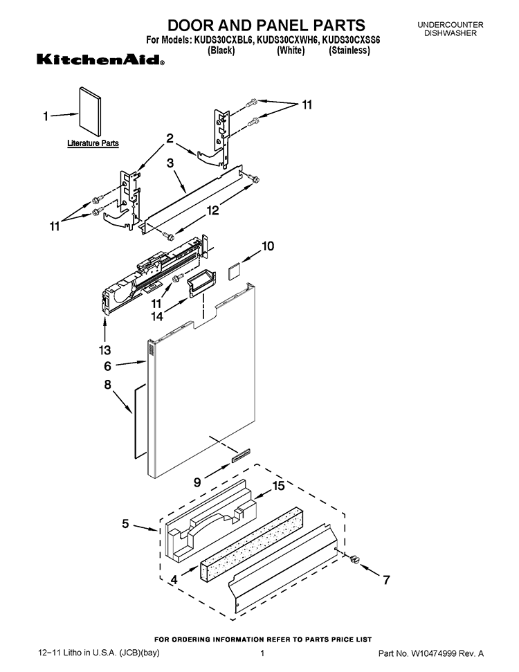 DOOR AND PANEL PARTS Diagram and Parts List for KUDS30CXBL6  KitchenAid Dishwasher