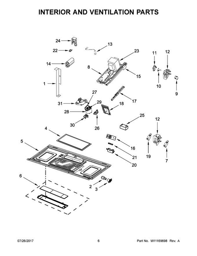 04 - Interior And Ventilation Parts Diagram and Parts List for WMH53520CS6  Whirlpool Microwave Oven Combo