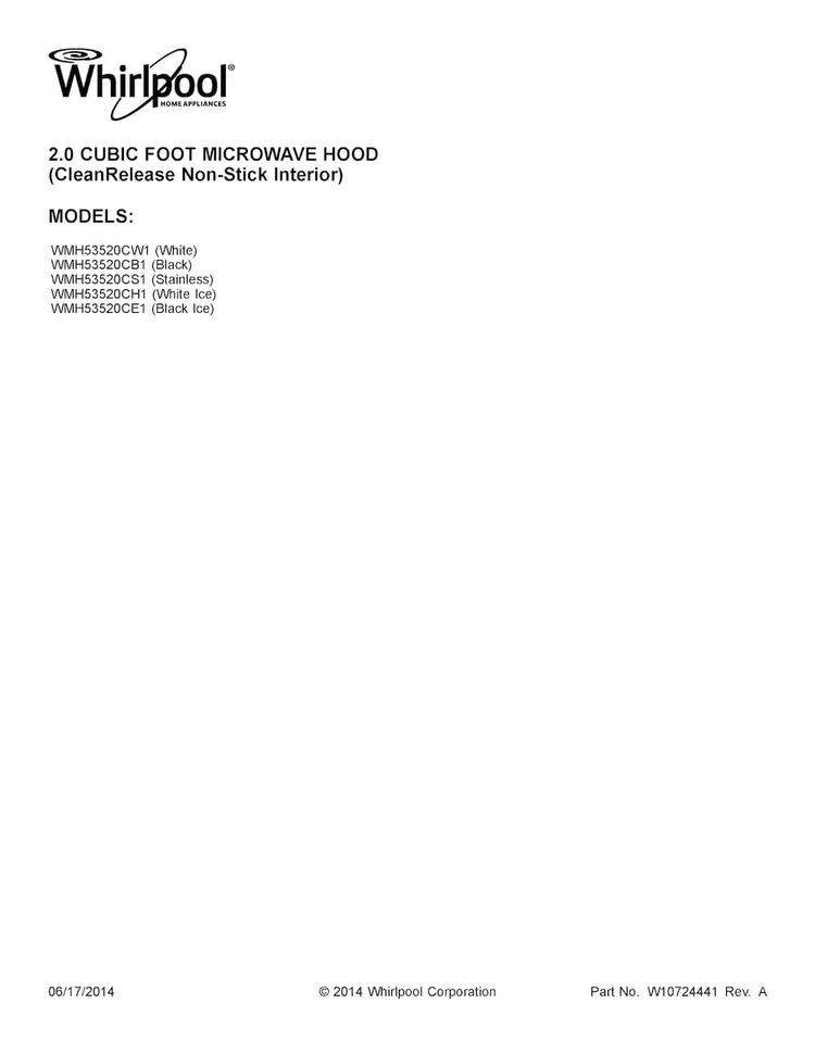 Cover Sheet Diagram and Parts List for WMH53520CW1  Whirlpool Microwave
