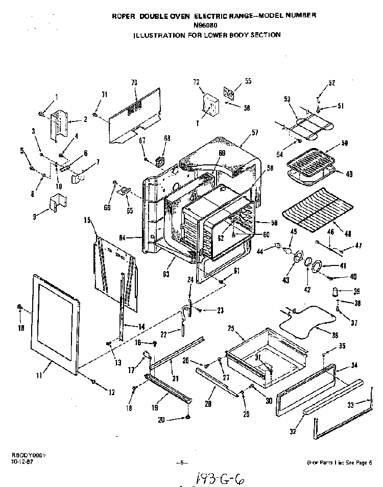 Lower Body Diagram and Parts List for N9608*0  Roper Range