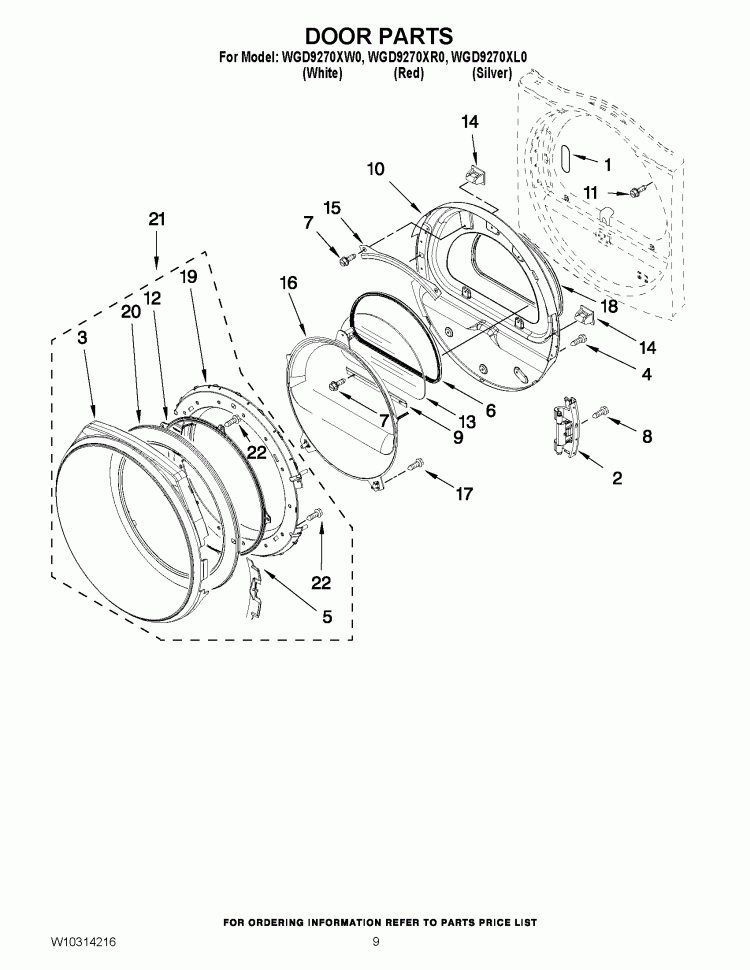 DOOR PARTS Diagram and Parts List for WGD9270XW0  Whirlpool Dryer