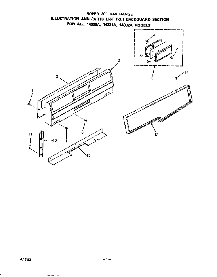 Backguard Diagram and Parts List for 1433*0A  Roper Range