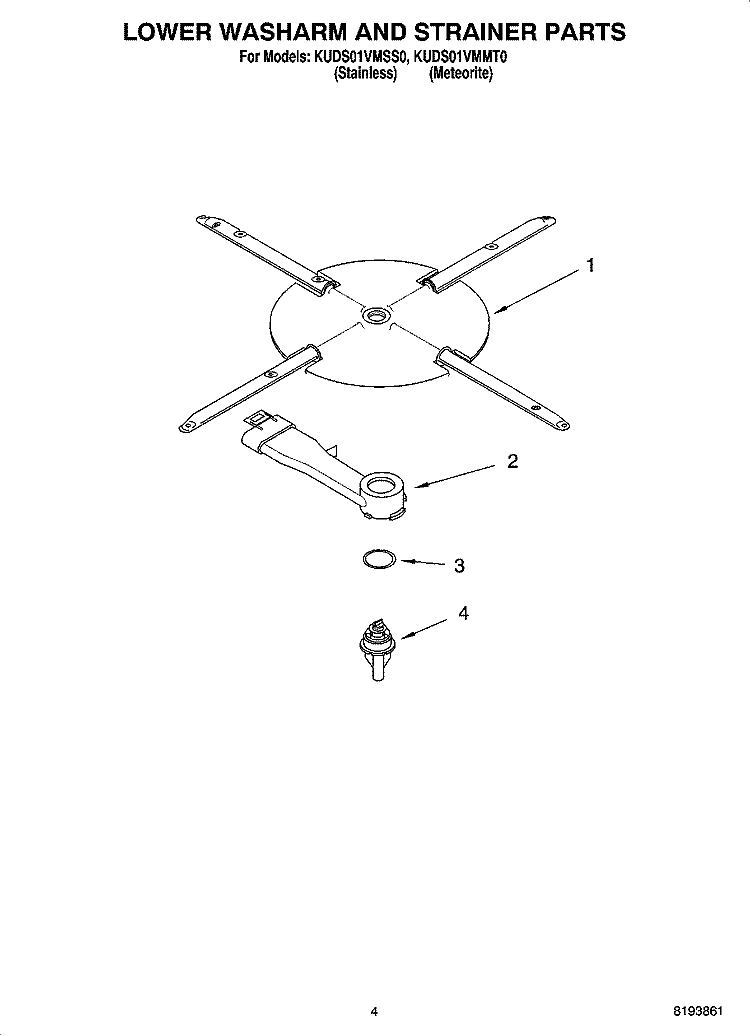 LOWER WASHARM AND STRAINER PARTS Diagram and Parts List for KUDS01VMSS0  KitchenAid Dishwasher