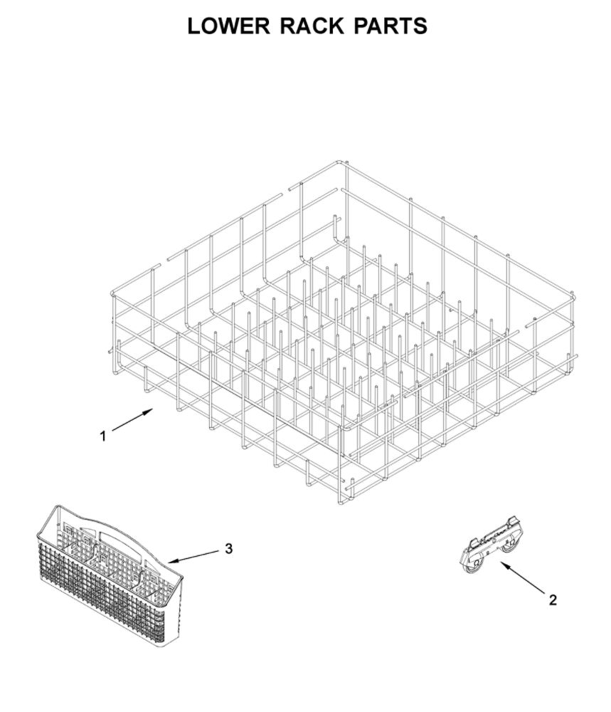 Lower Rack Parts Diagram and Parts List for WDF130PAHB1  Whirlpool Dishwasher