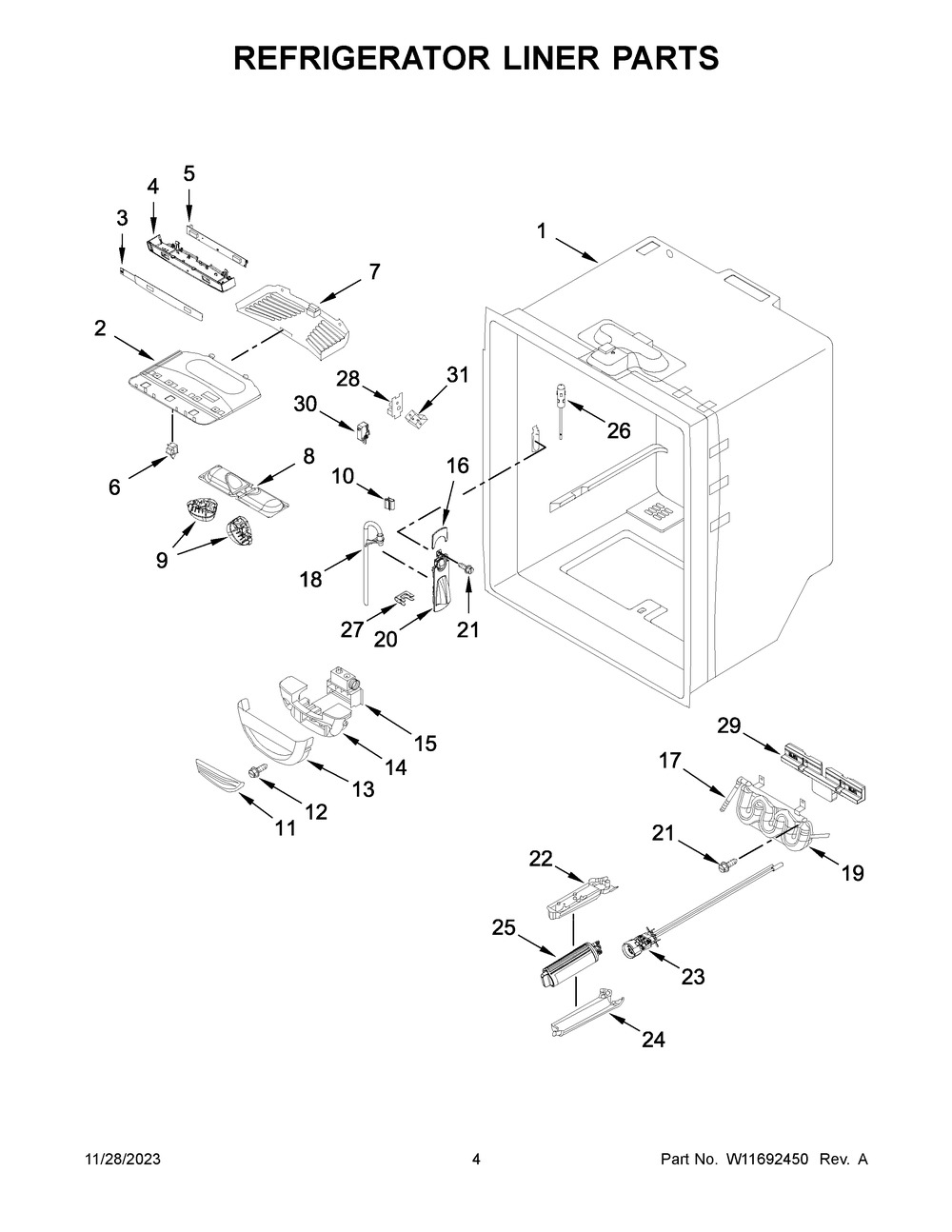 Refrigerator Liner Parts Diagram and Parts List for KRFC300ESS11  KitchenAid Refrigerator